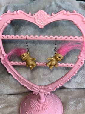 Source Unknown Pink-Haired Troll Doll Drop Earrings for Kids